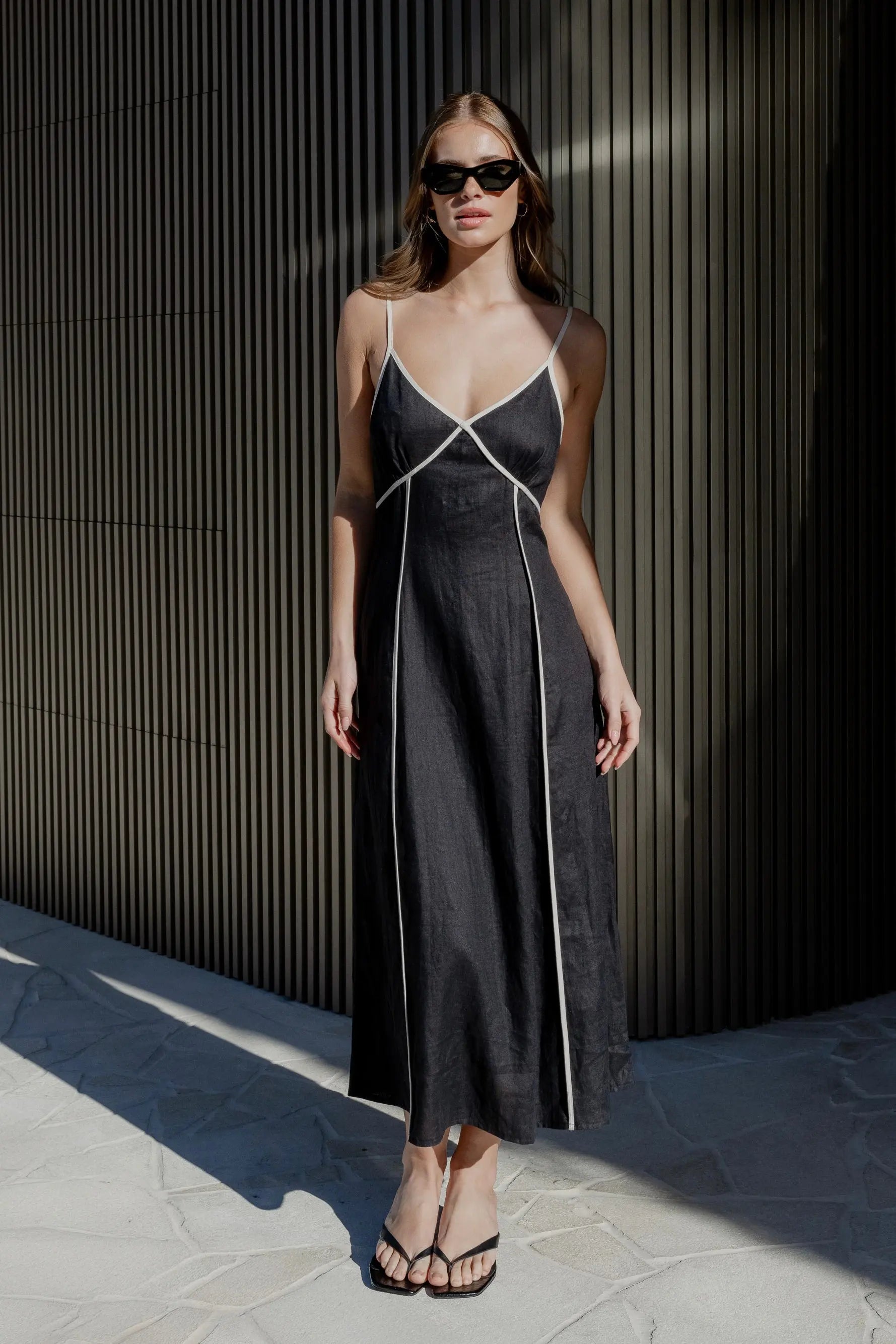 Marine Black Contrast Piped Linen Strappy Maxi Dress Among the Brave