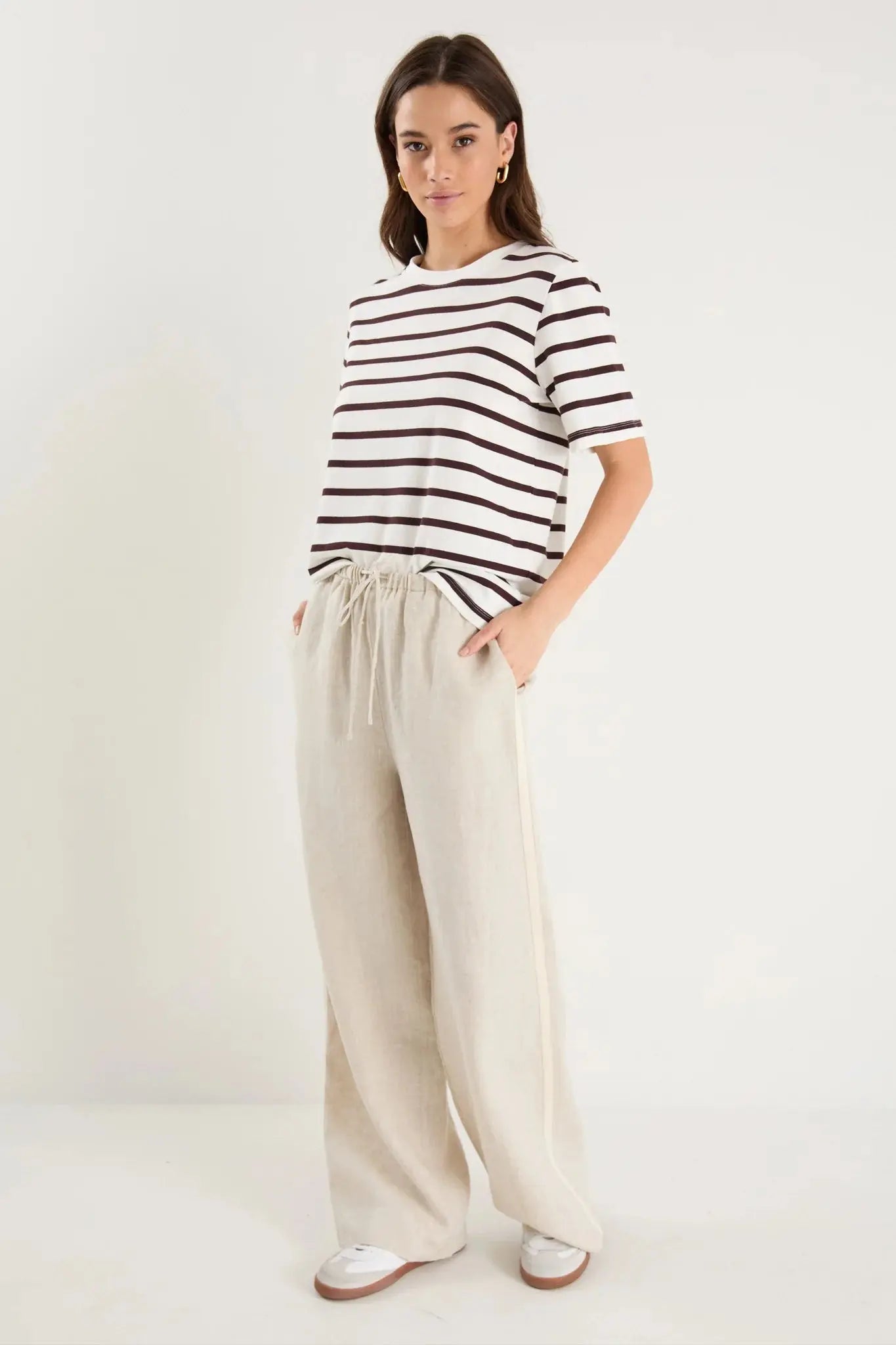 Townie Natural Linen Side Stripe Elastic Waist Pants Stories Be Told