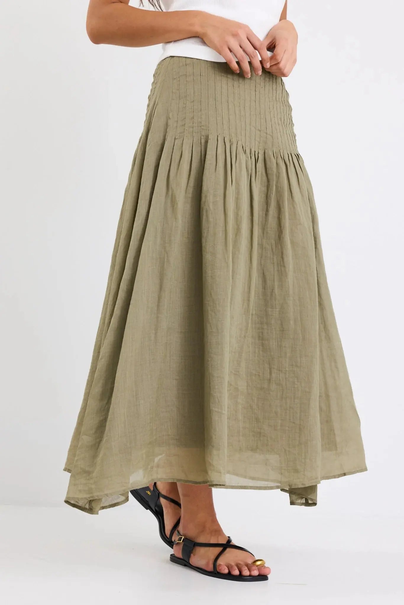 Pepe Khaki Linen Pintuck Waist Tiered Midi Skirt Ivy and Jack