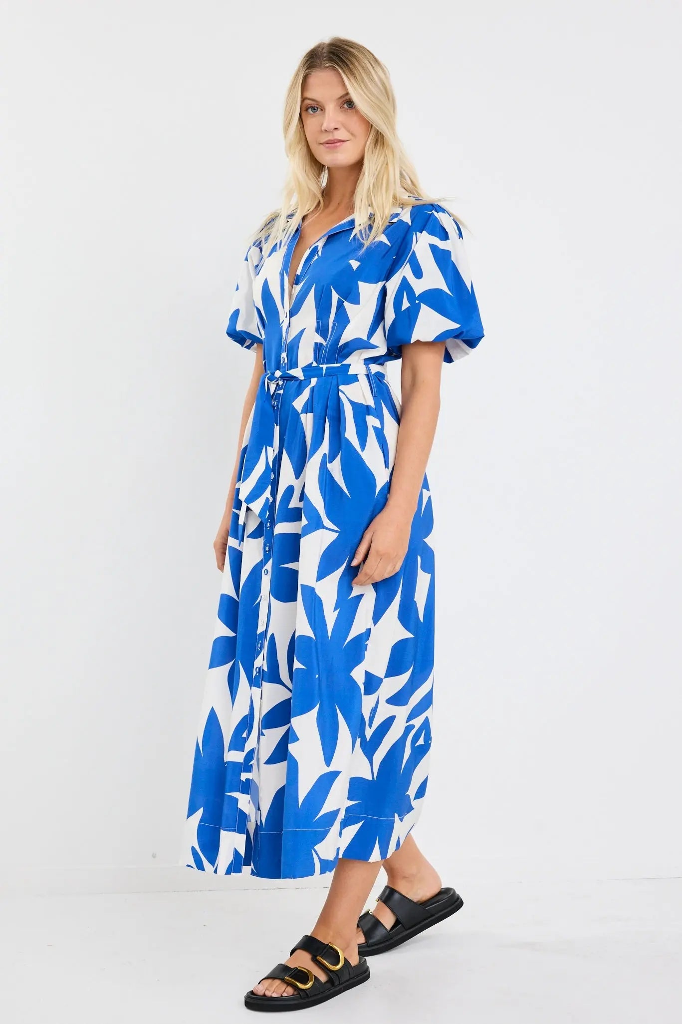 Dusk Bright Blue Abstract Puff Short Sleeve Maxi Shirt Dress Among the Brave