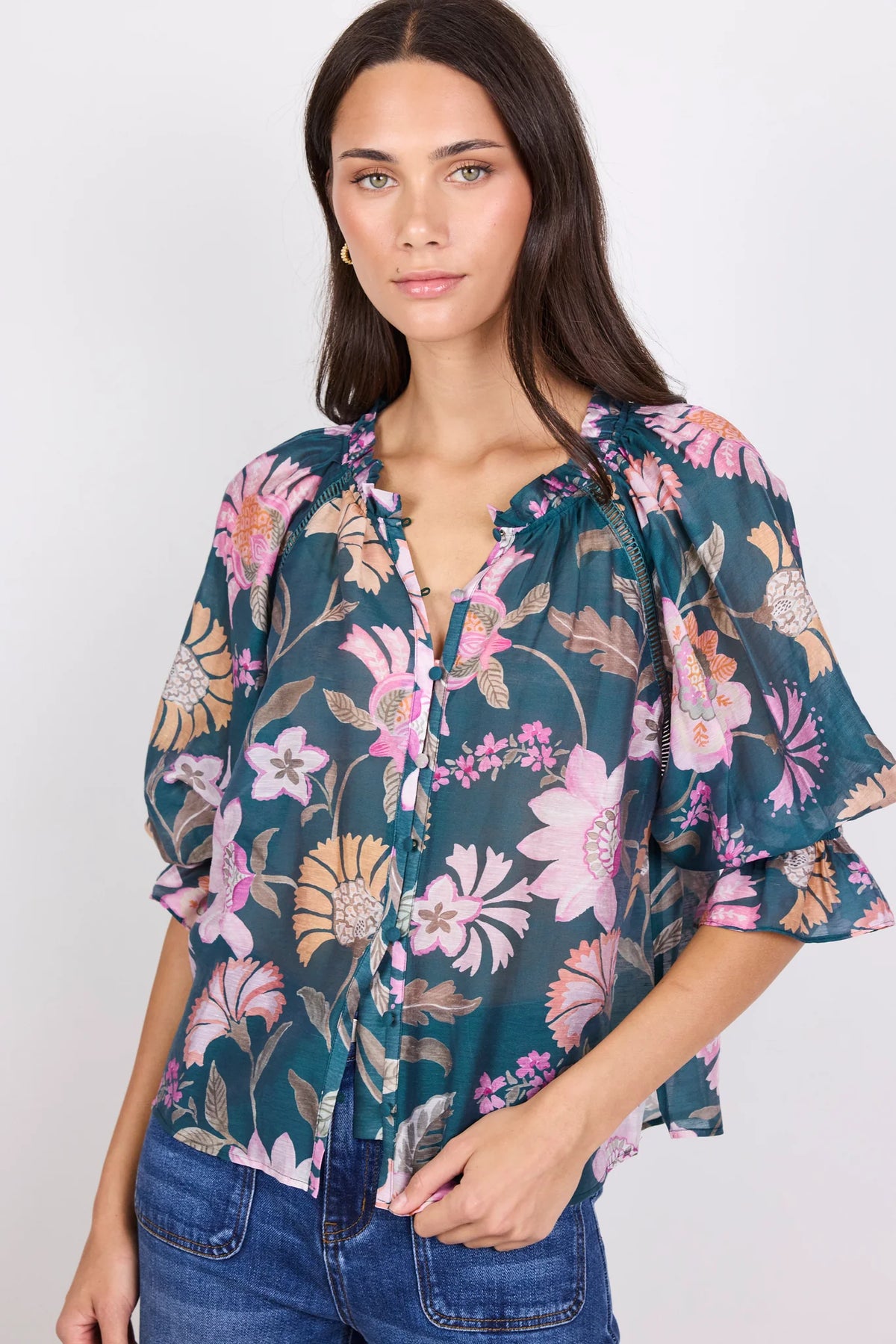 Encounter Petrol Scarf Print Top by By Rosa - view 1