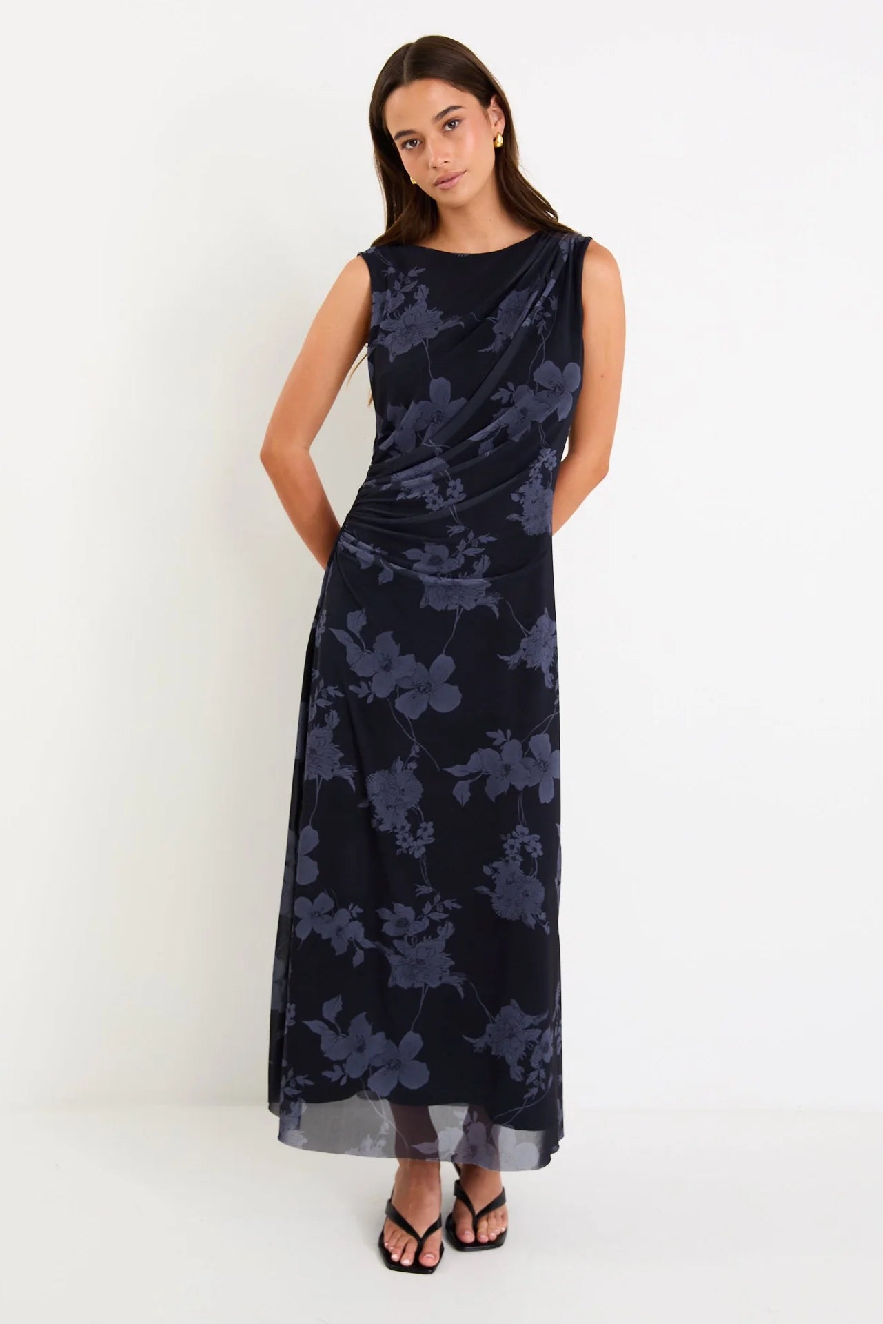 Frame Midnight Floral Mesh Sleeveless Maxi Dress