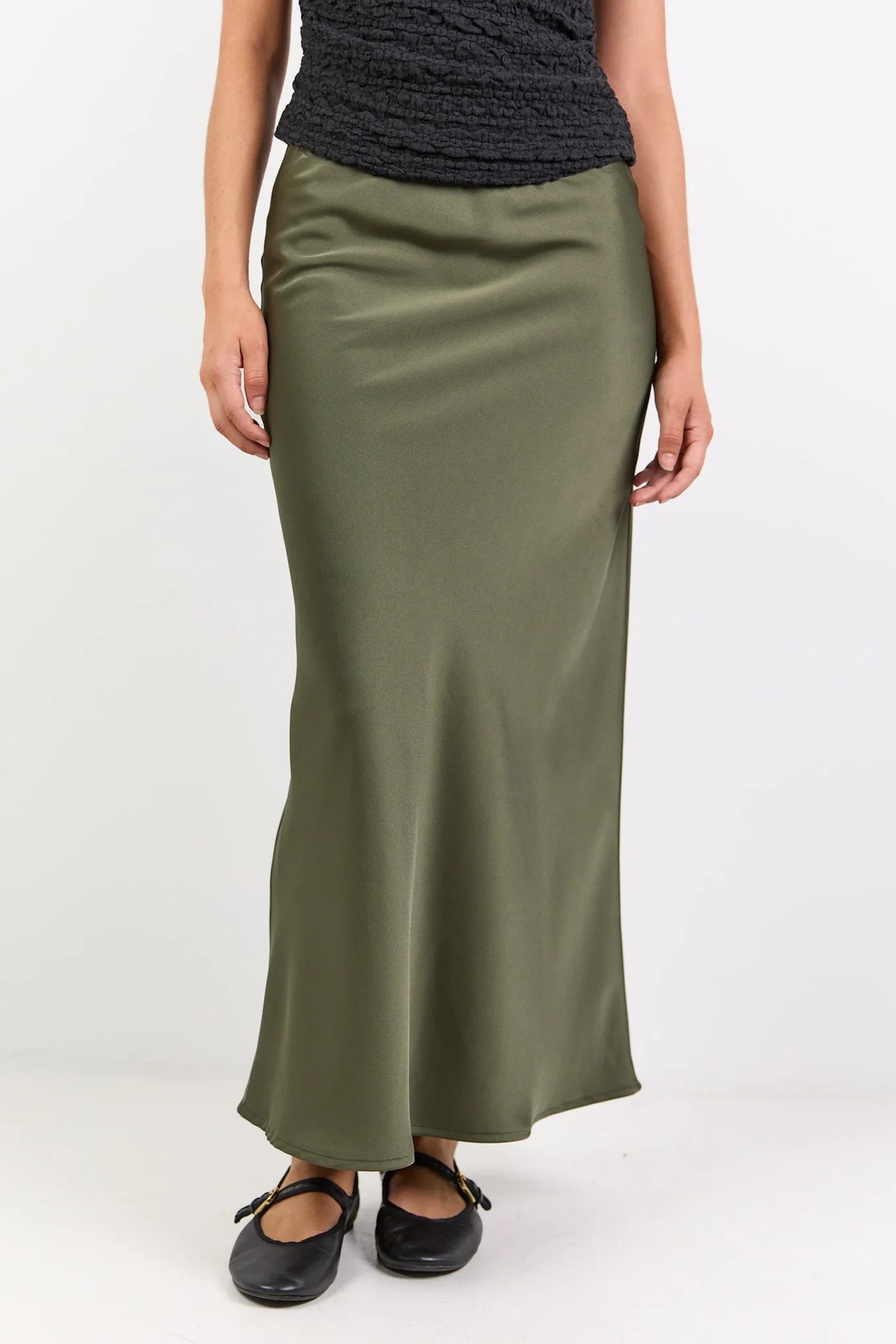 Rosette Satin Bias Midi Skirt