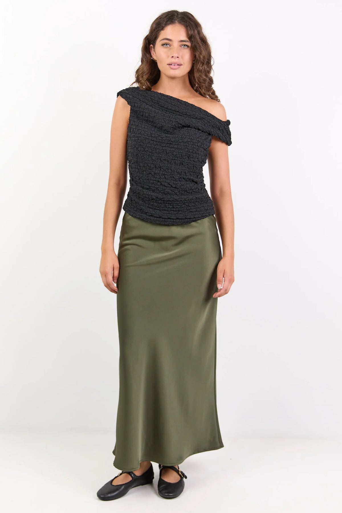 Rosette Satin Bias Midi Skirt