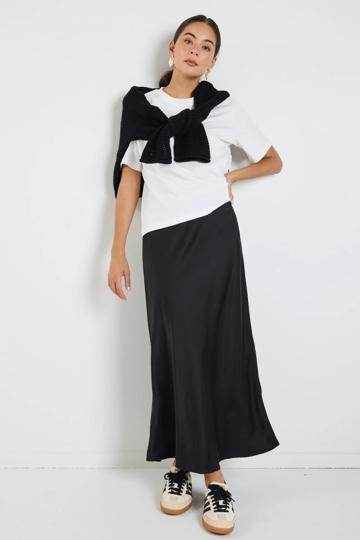 Rosette Satin Bias Midi Skirt