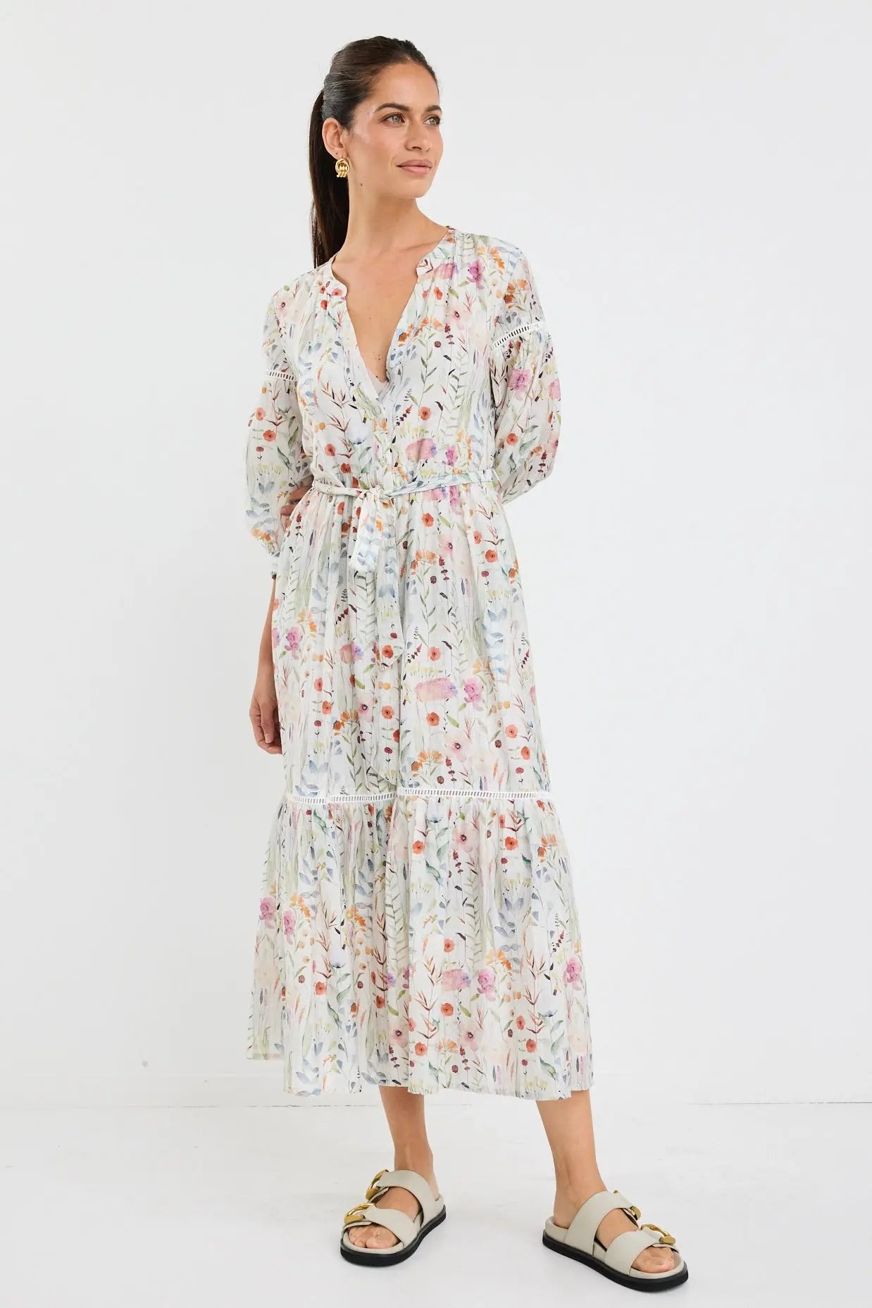 Wisdom Floral Balloon Sleeve Midi Shirt Dress By Rosa