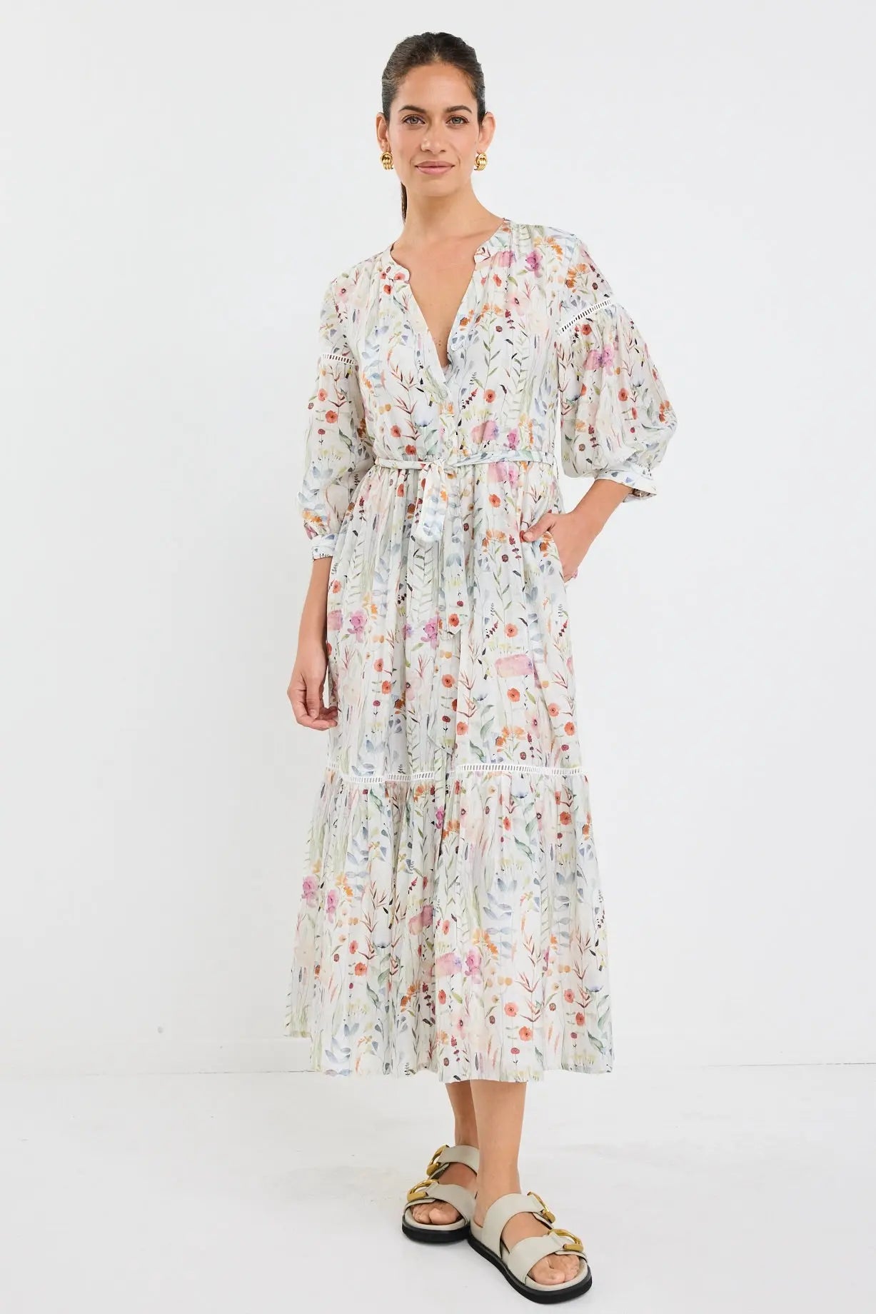 Wisdom Floral Balloon Sleeve Midi Shirt Dress By Rosa