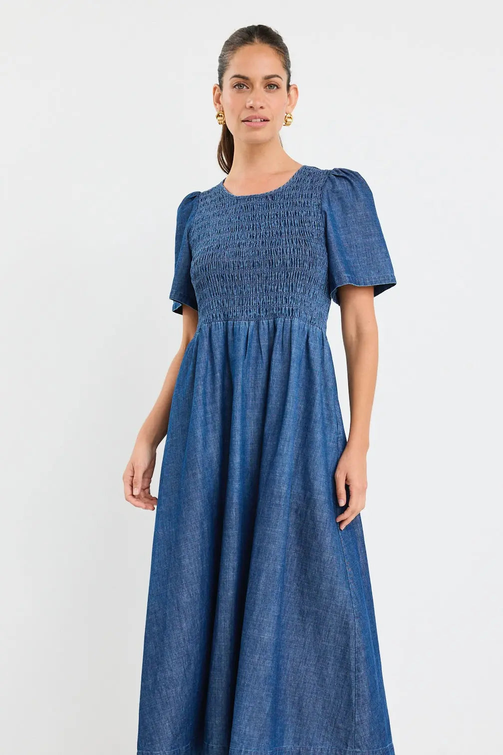 Wren Cotton Short Sleeve Shirred Botice Midi Dress ReUnion Label
