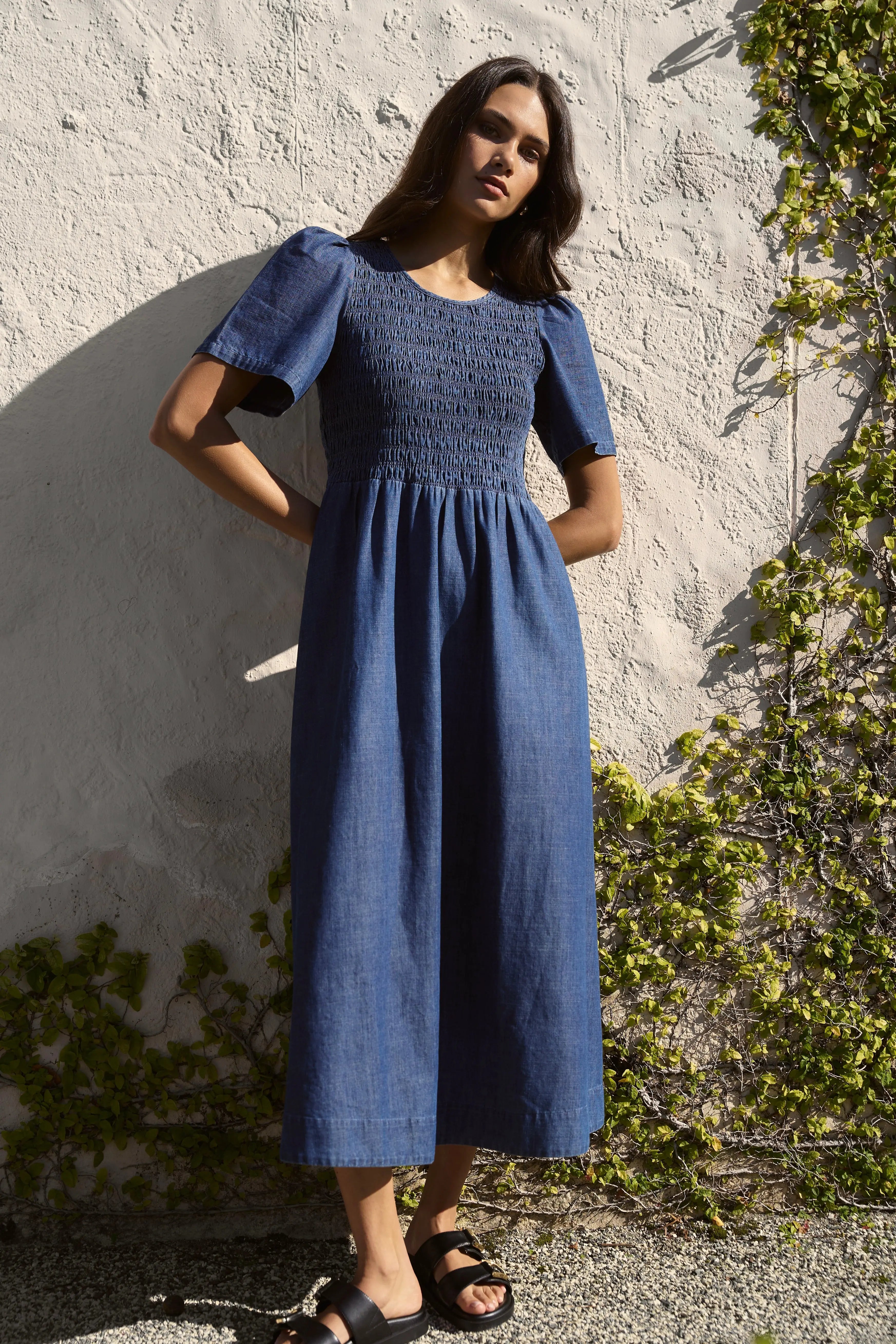 Wren Cotton Short Sleeve Shirred Botice Midi Dress ReUnion Label