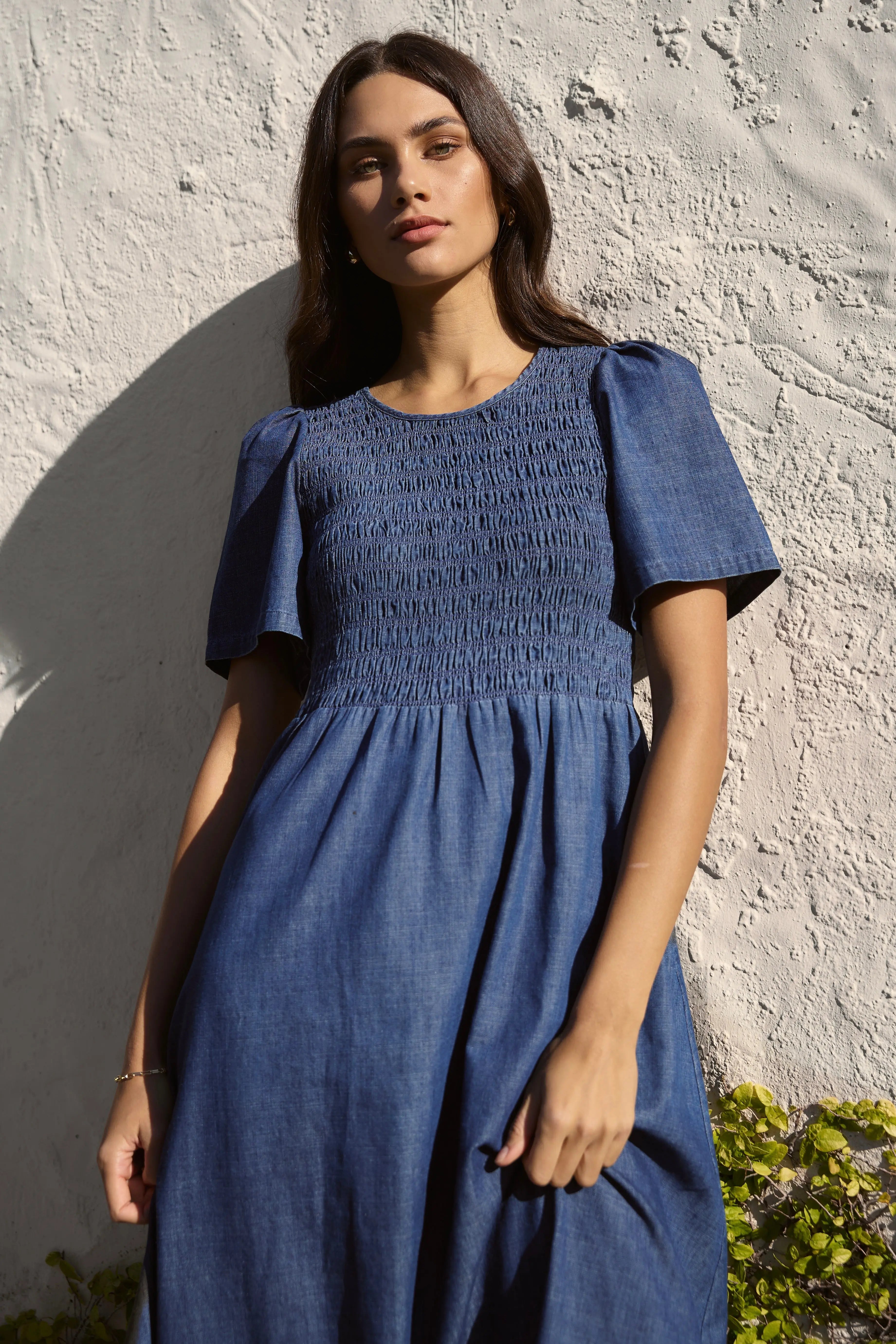 Wren Cotton Short Sleeve Shirred Botice Midi Dress ReUnion Label