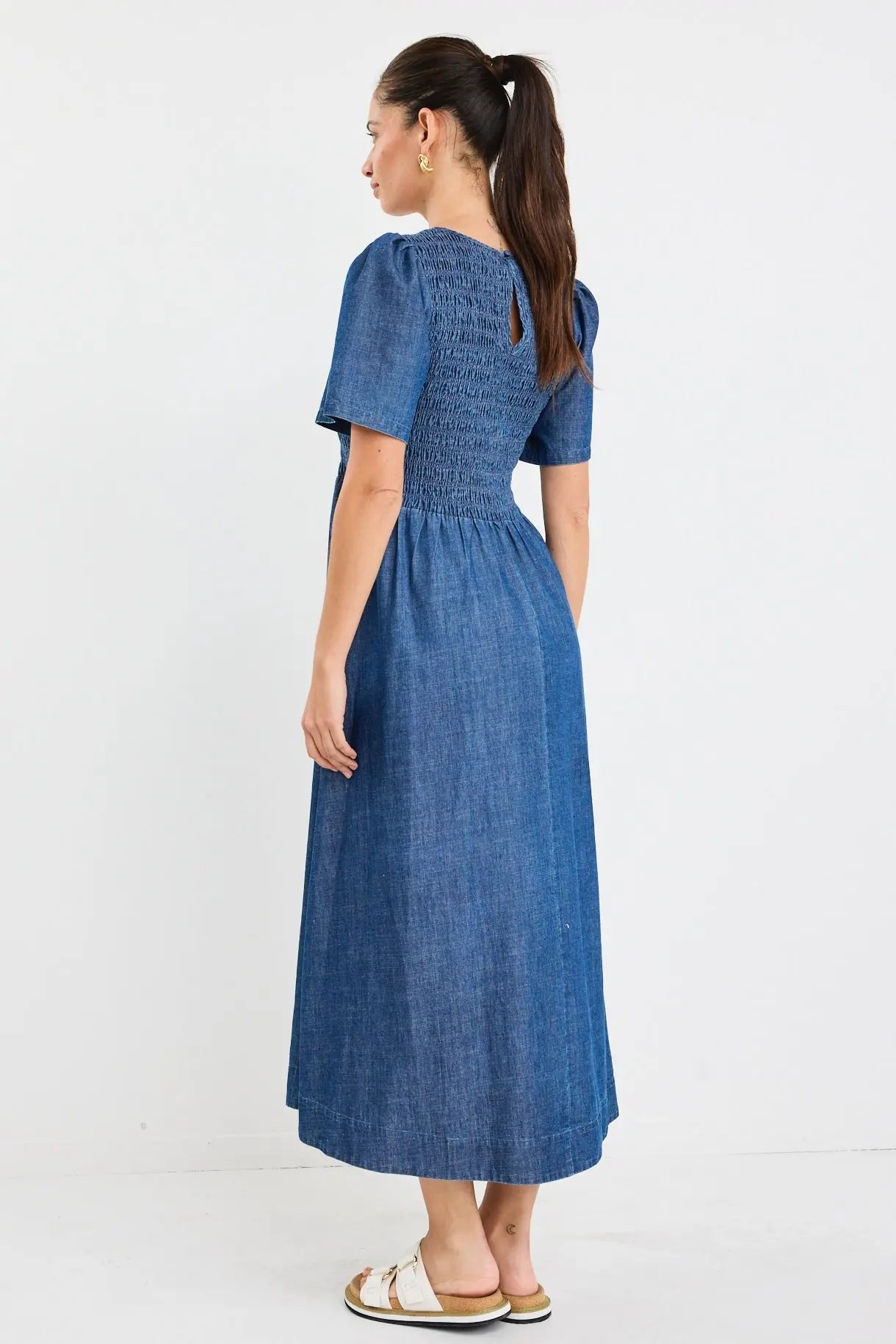 Wren Cotton Short Sleeve Shirred Botice Midi Dress ReUnion Label