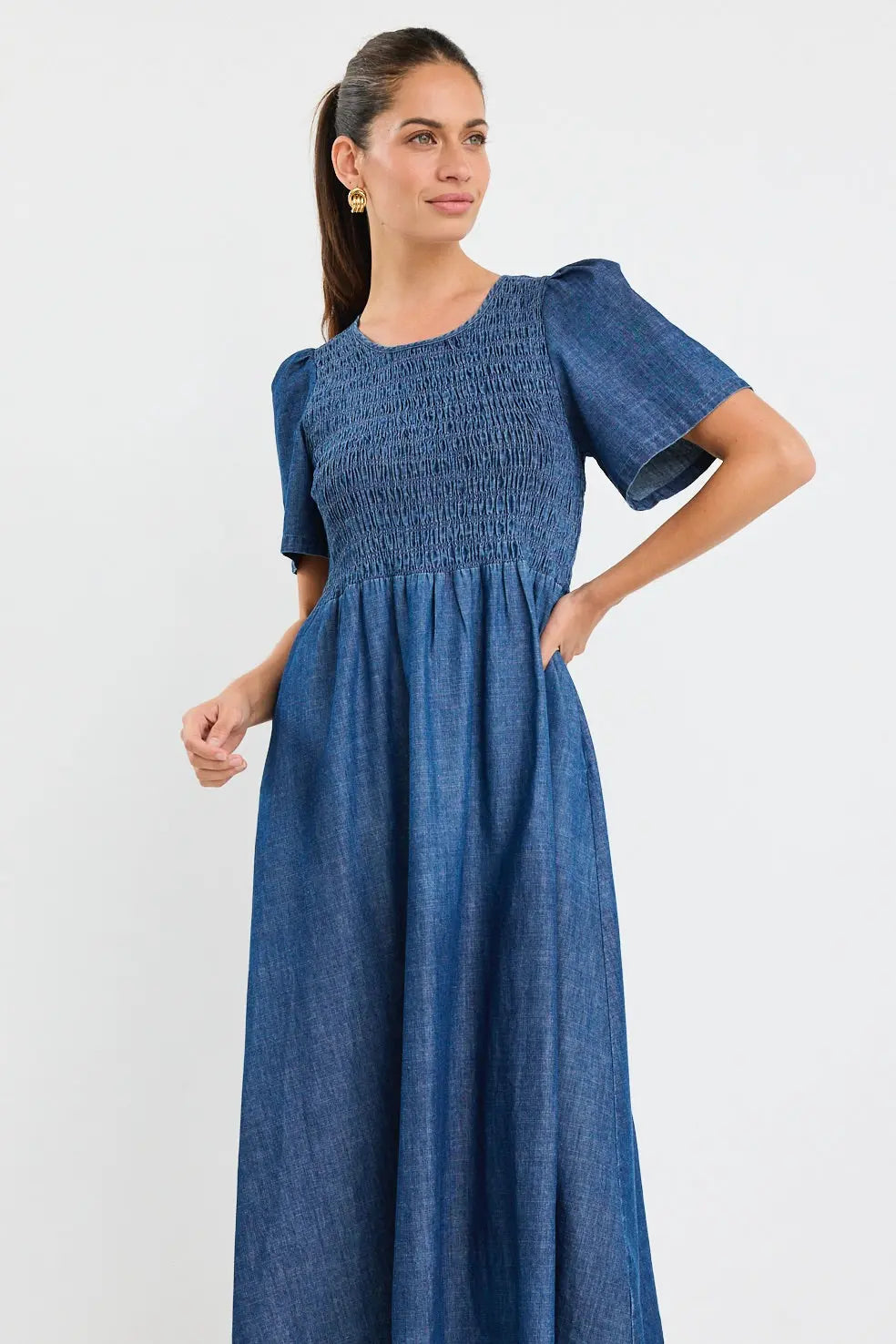Wren Cotton Short Sleeve Shirred Botice Midi Dress ReUnion Label