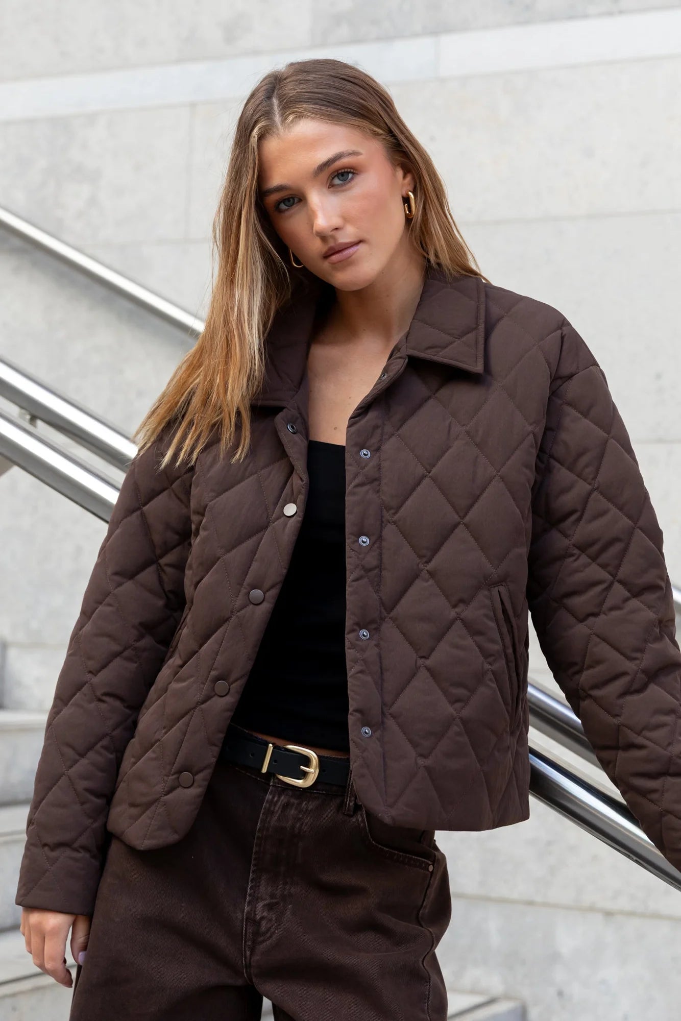 ABSOLUTE CHOCOLATE COLLARED QUILTED PUFFER JACKET