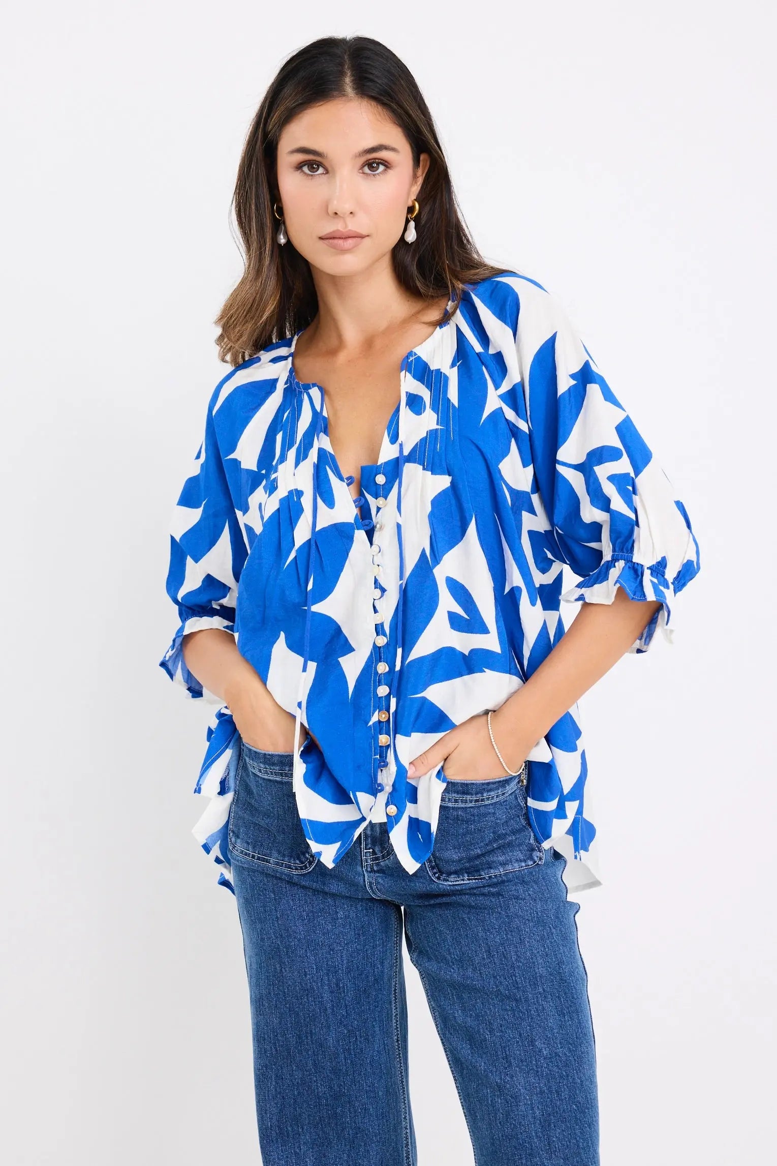 Antic Bright Blue Abstract Button Front SS Top Among the Brave