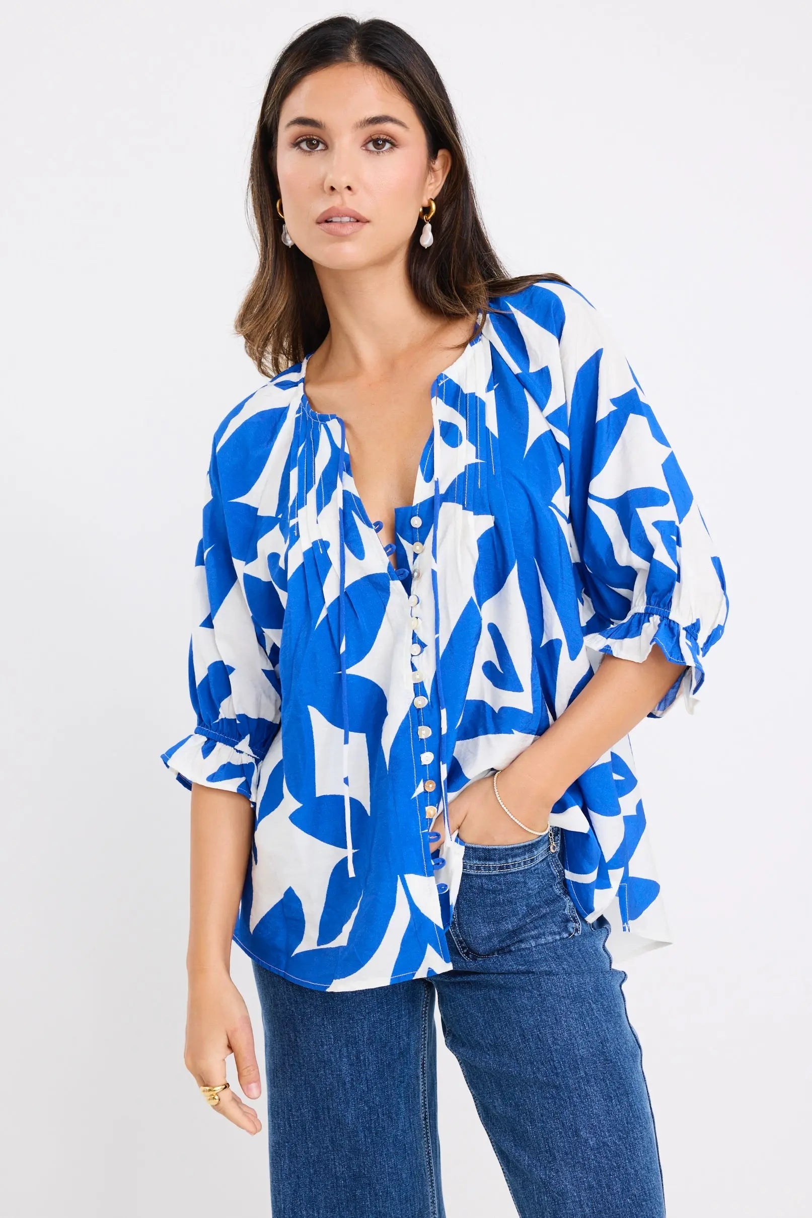 Antic Bright Blue Abstract Button Front SS Top Among the Brave
