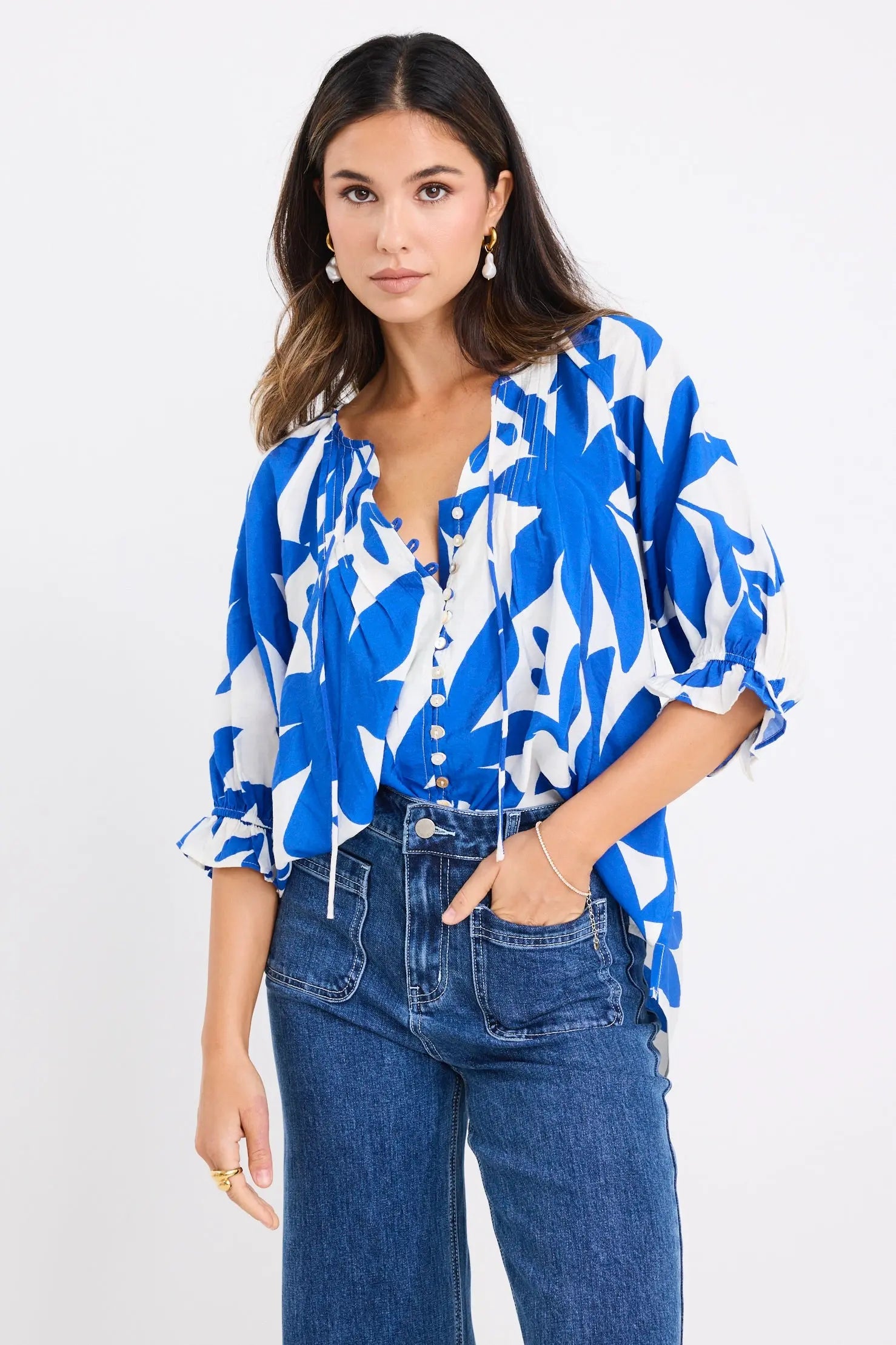 Antic Bright Blue Abstract Button Front SS Top Among the Brave
