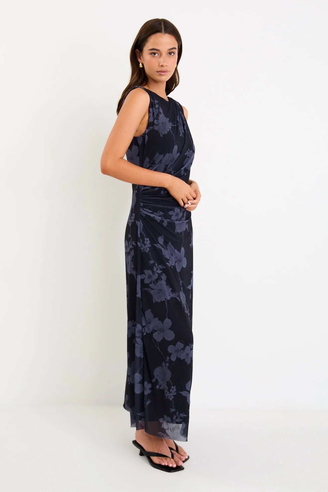 Frame Midnight Floral Mesh Sleeveless Maxi Dress
