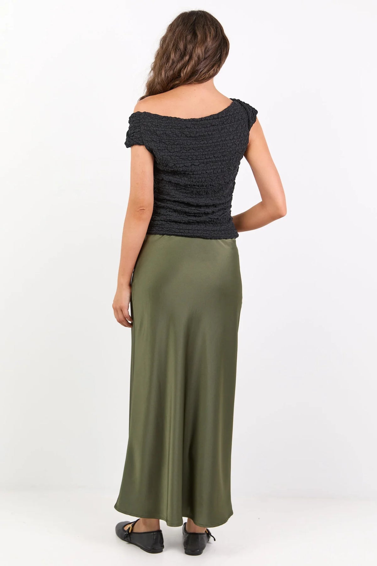 Rosette Satin Bias Midi Skirt