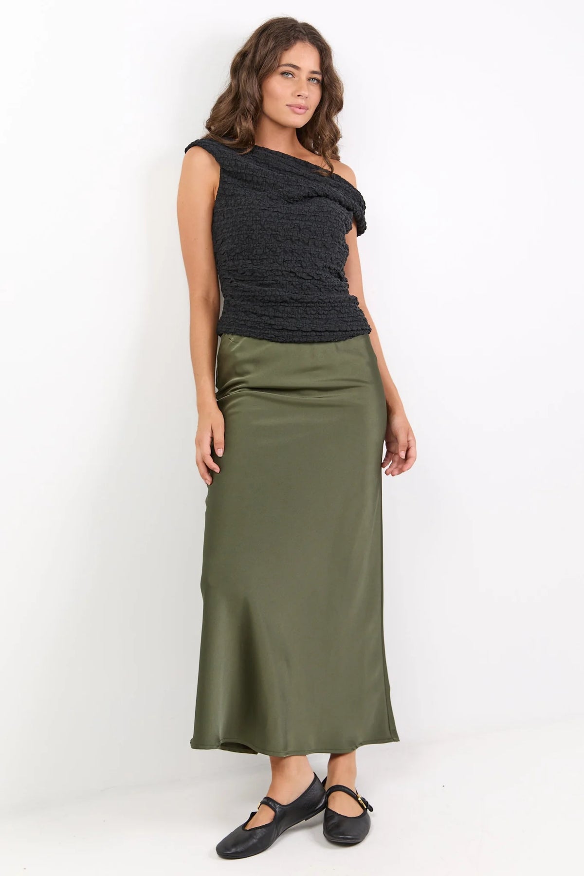 Rosette Satin Bias Midi Skirt