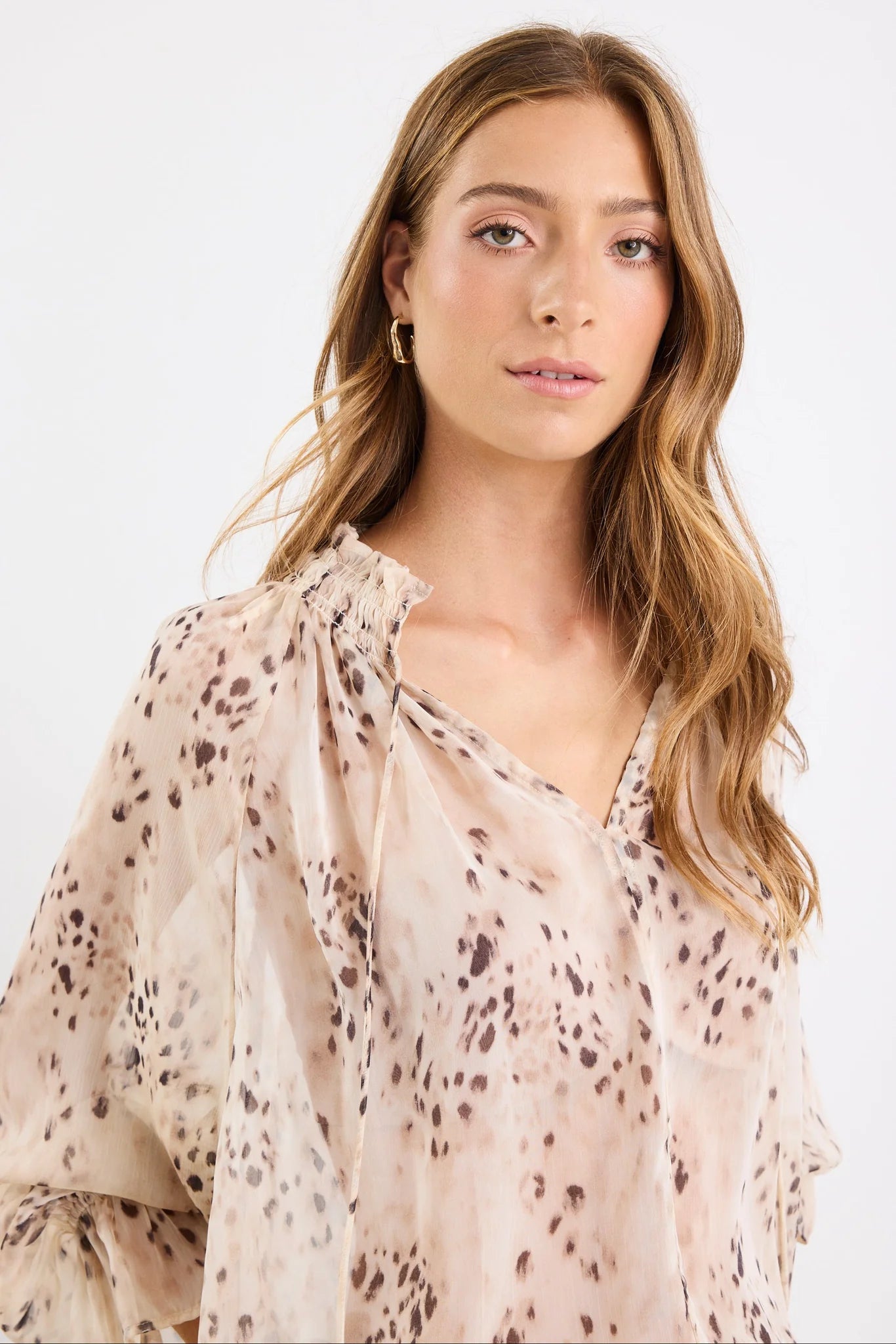 Odyssey Georgette Shirred Nefck LS Top