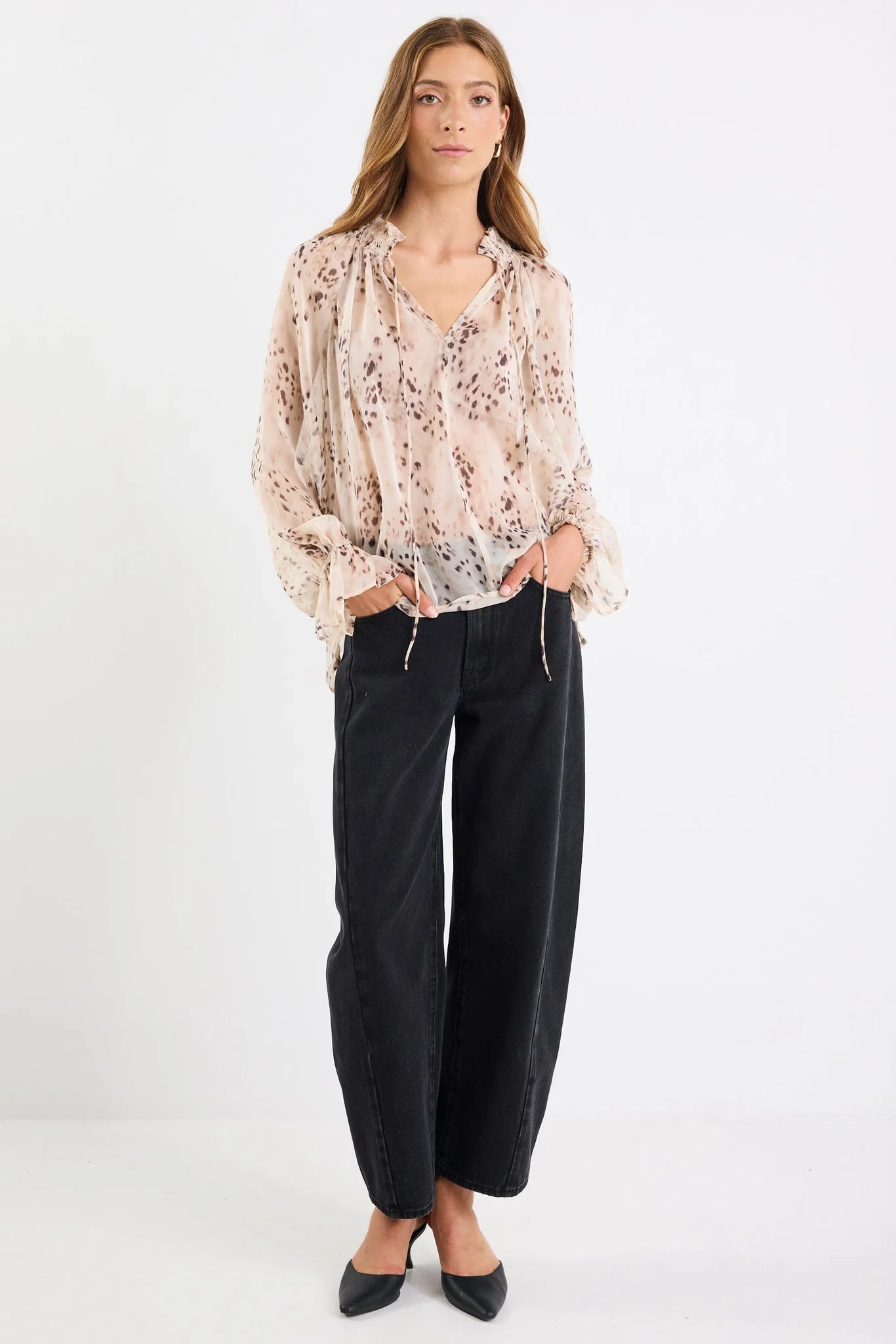 Odyssey Georgette Shirred Nefck LS Top