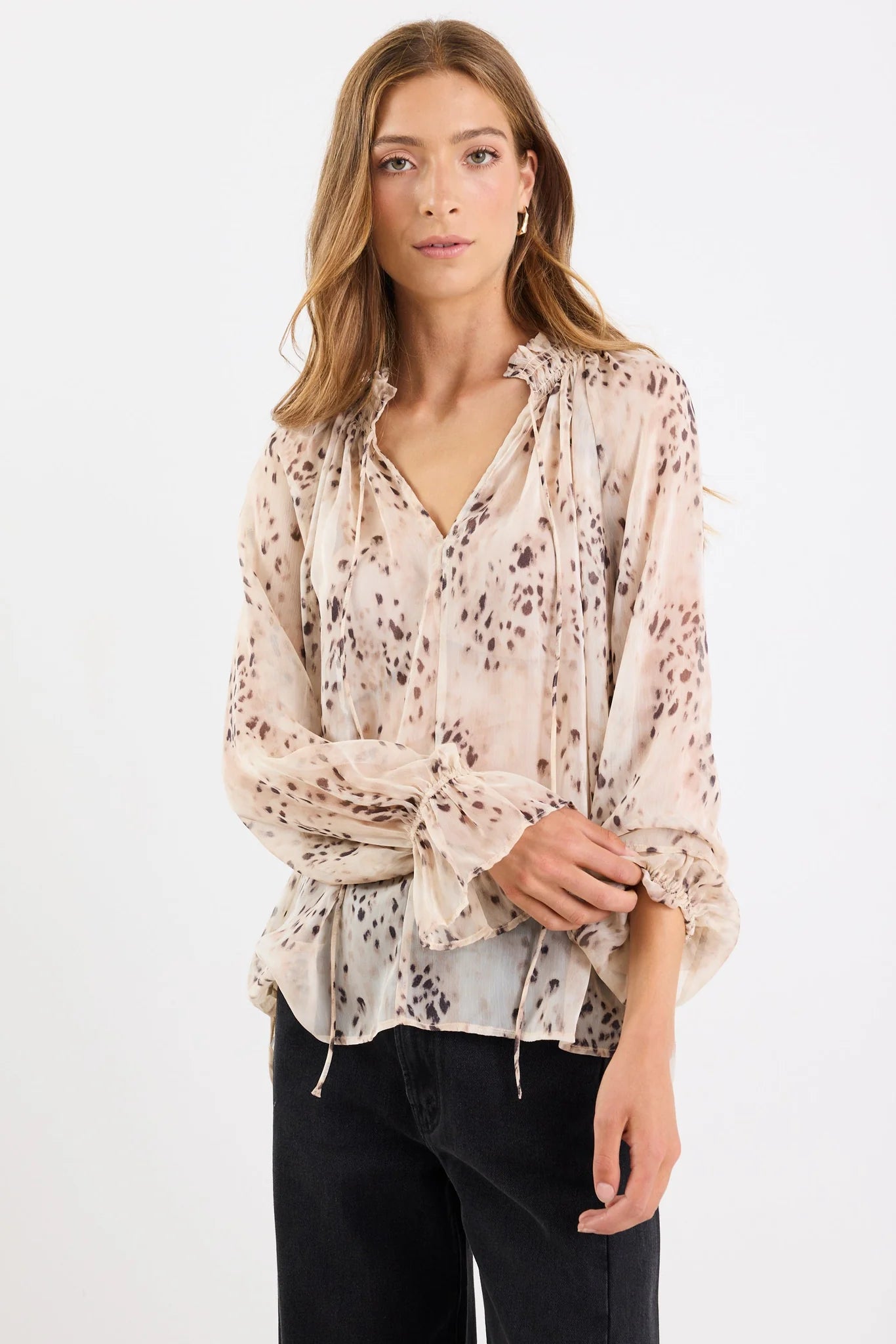 Odyssey Georgette Shirred Nefck LS Top