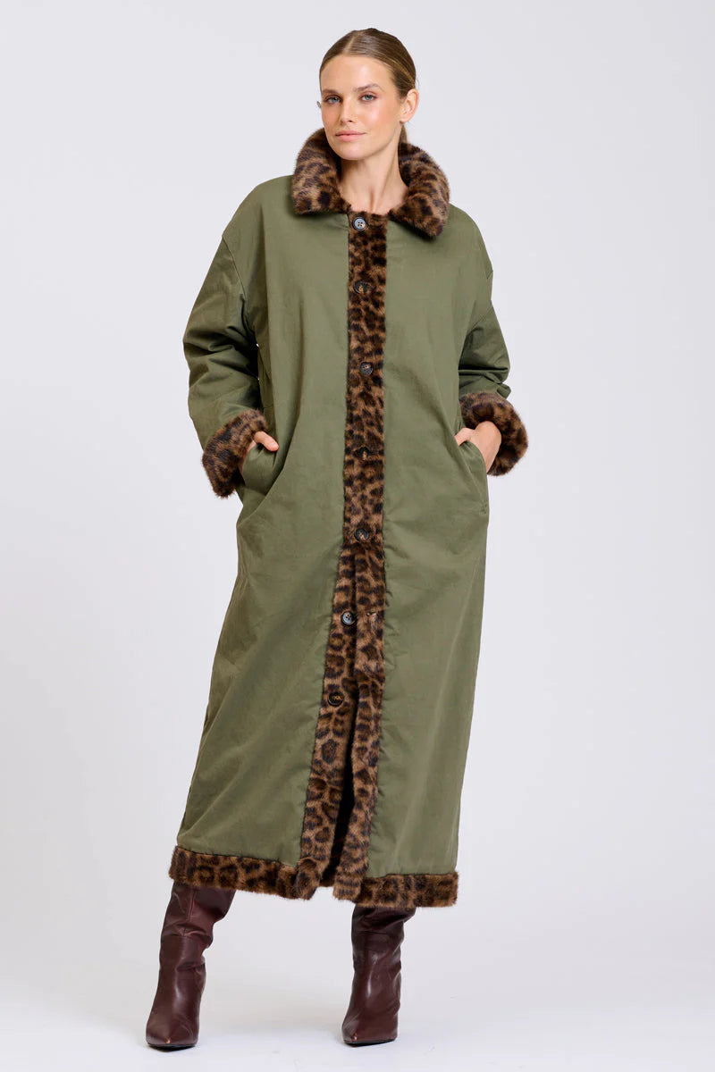 Leopard Reverso Long Faux Fur Reversable Coat
